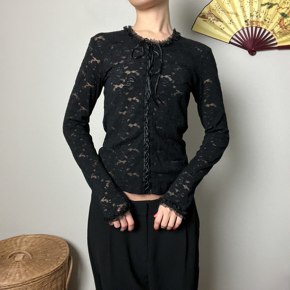 vintage black sheer lace up ruffle trim minimalist fitted long sleeve top blouse
